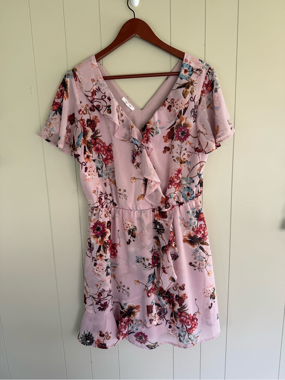 Floral Ruffle V-Neck Pink Wrap Dress